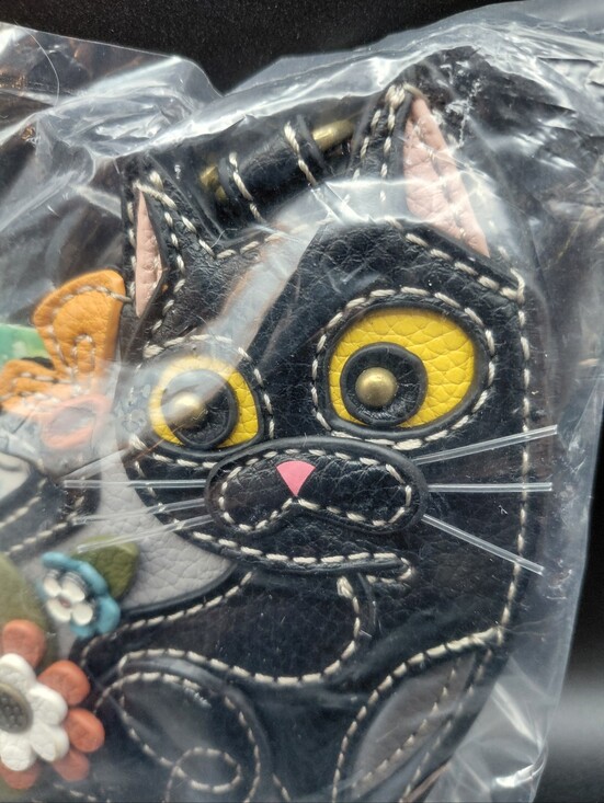 Chala Accessories - Chala Black Cat Leather Bag Charm Key Chain with Yellow Eyes and Pink Nose
